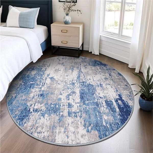 1 Releany Washable Round Area Rug (6FT) Non-Slip Indoor Rug - Abstract Blue/Gray Design - New