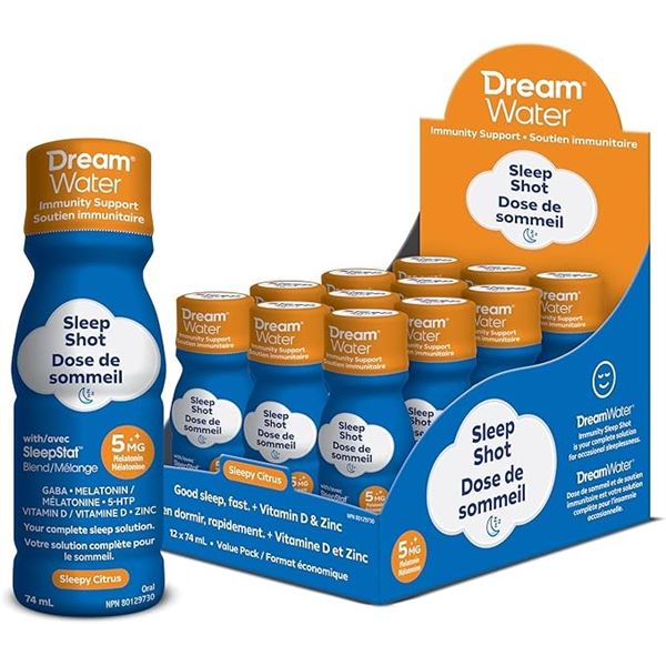 Dream Water Sleep Aid Shots/Drinks - 5Mg Melatonin - 12 x 74ml Bottles; Sleepy Citrus Flavor - New