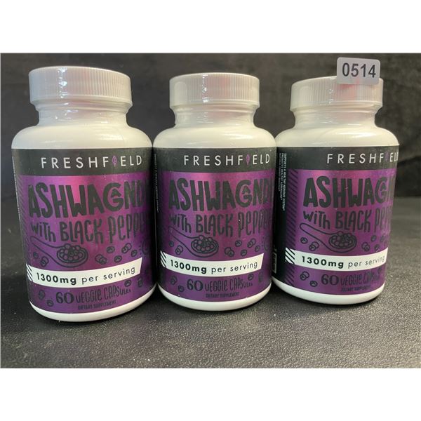 3 Bottles of FreshField Ashwaganda with Black Pepper Veggie Capsules (60 Each) - New