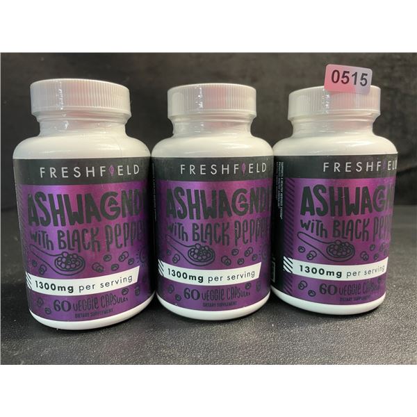 3 Bottles of FreshField Ashwaganda with Black Pepper Veggie Capsules (60 Each) - New
