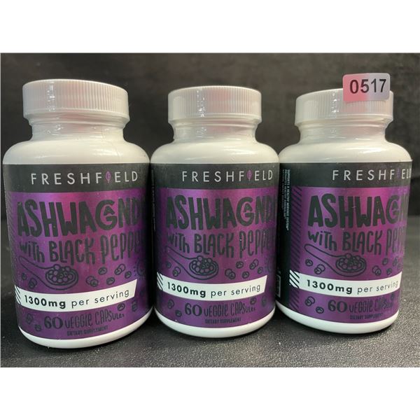 3 Bottles of FreshField Ashwaganda with Black Pepper Veggie Capsules (60 Each) - New