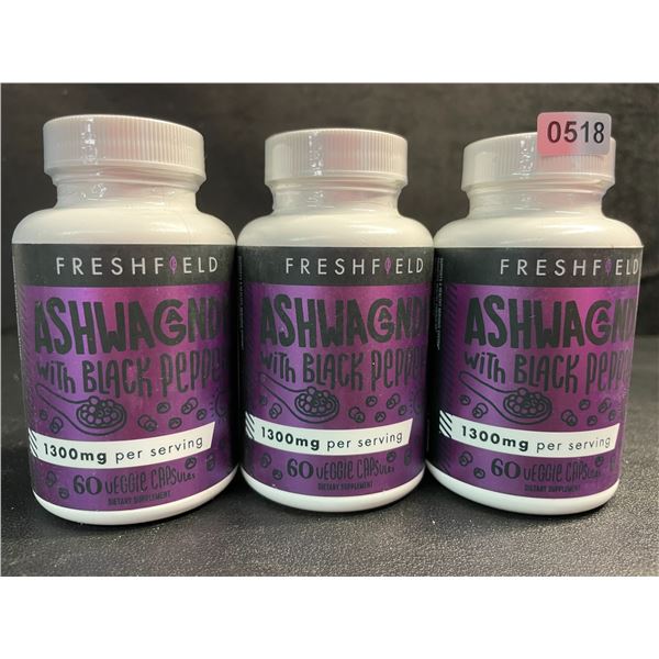 3 Bottles of FreshField Ashwaganda with Black Pepper Veggie Capsules (60 Each) - New