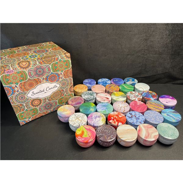 33-Pack Box of Scented Single-Wick Candles in Colorful Design Tins - New