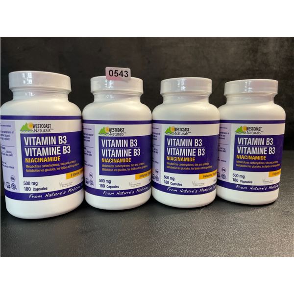4 Bottles of WestCoast Naturals Vitamin B3 Niacinamide (500mg) 180 Capsules Each - New