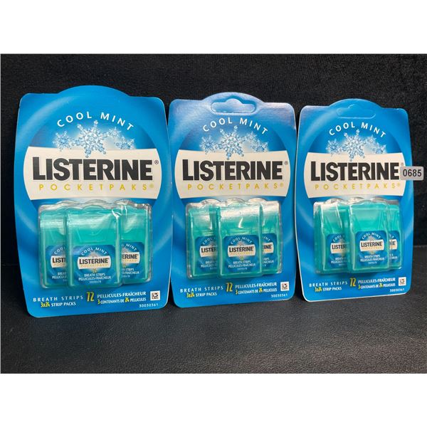 3 3-Packs of Listerine Cool Mint Breath Strips Pocketpaks (3x24 Strips Per Pack) - New