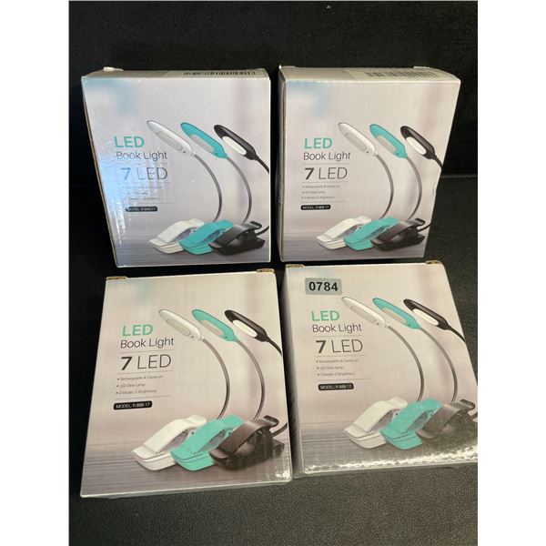 4 LED Clamp-On Book Lights - 3 Mode of Brightness; Rechargeable Clamp-On Design - New