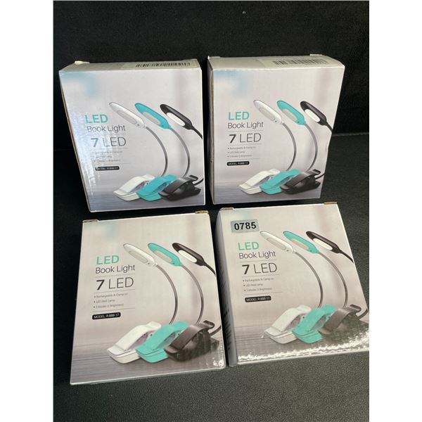 4 LED Clamp-On Book Lights - 3 Mode of Brightness; Rechargeable Clamp-On Design - New