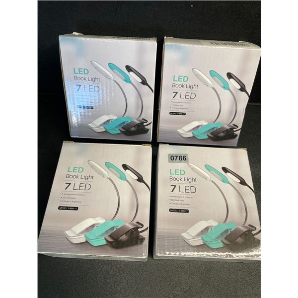 4 LED Clamp-On Book Lights - 3 Mode of Brightness; Rechargeable Clamp-On Design - New