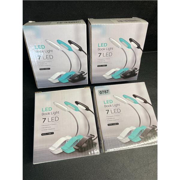 4 LED Clamp-On Book Lights - 3 Mode of Brightness; Rechargeable Clamp-On Design - New