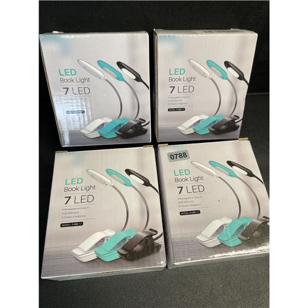 4 LED Clamp-On Book Lights - 3 Mode of Brightness; Rechargeable Clamp-On Design - New