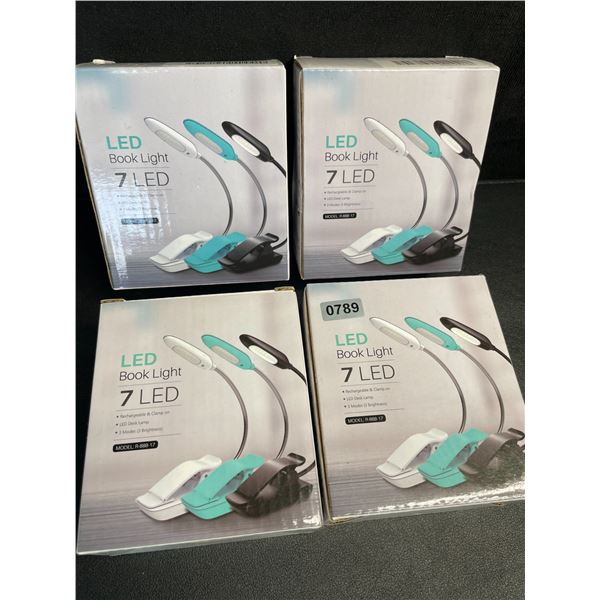 4 LED Clamp-On Book Lights - 3 Mode of Brightness; Rechargeable Clamp-On Design - New