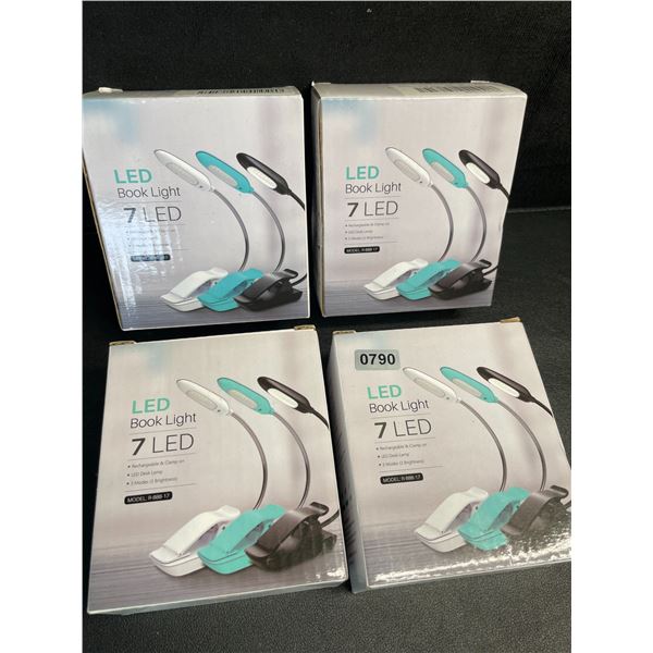 4 LED Clamp-On Book Lights - 3 Mode of Brightness; Rechargeable Clamp-On Design - New