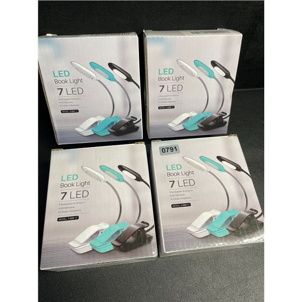 4 LED Clamp-On Book Lights - 3 Mode of Brightness; Rechargeable Clamp-On Design - New