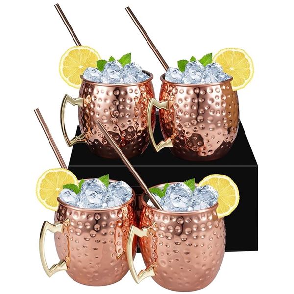 4-Pack of Moscow Mule Handcrafted Copped Mugs (16oz) with 4 Straws - Brand New