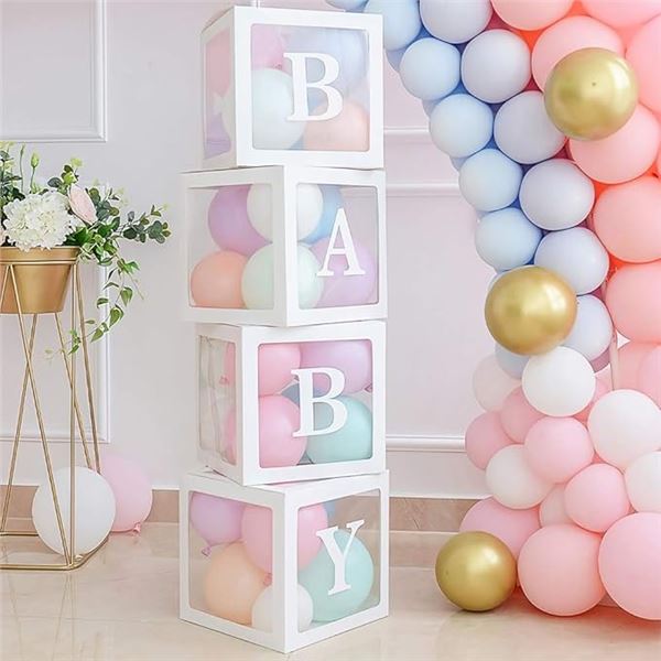 3 4PC Sets of Clear Boxes for Baby Shower Decor/Other Party Decor (Baby Letters Optional*) - New