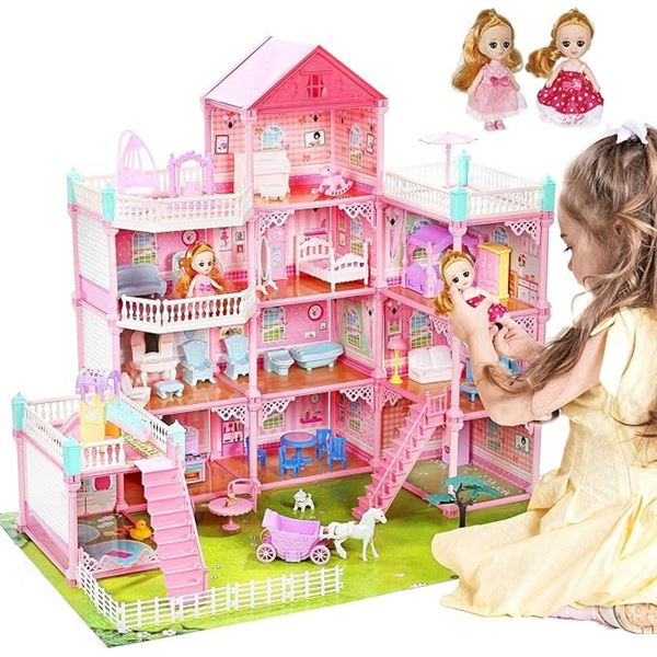 CuteStone 11-Rooms Huge DIY Dollhouse w/ 2 Dolls (31" x 28" x 27") Pink Princess Dollhouse - NEW