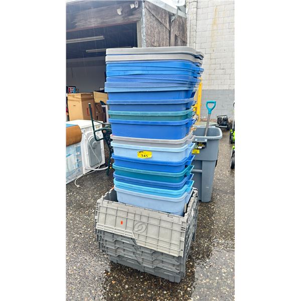 FIVE PLASTIC FOLDING TOP BINS & A STACK OF RUBBERMAID TOTES