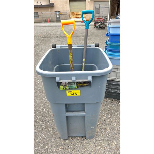 BRUTE 50 GALLON WHEELED ROLLOUT BIN WITH TWO SHOVELS