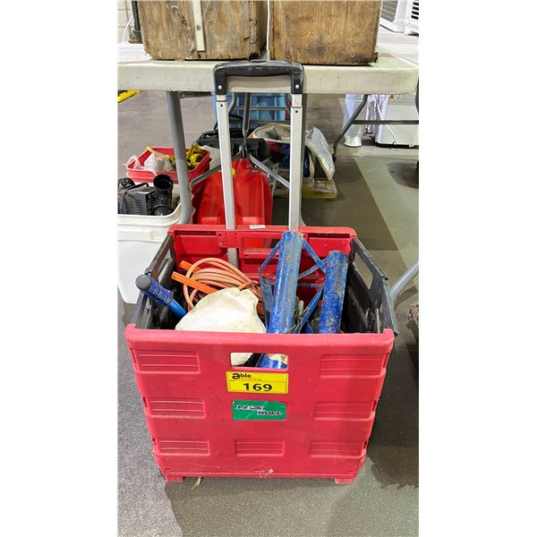 RED PLASTIC PACK AND ROLL COLLAPSIBLE MOBILE CRATE WITH ASSORTED SMALL HAND TOOLS, JACK STAND,