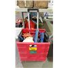 Image 1 : RED PLASTIC PACK AND ROLL COLLAPSIBLE MOBILE CRATE WITH ASSORTED SMALL HAND TOOLS, JACK STAND,