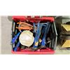Image 2 : RED PLASTIC PACK AND ROLL COLLAPSIBLE MOBILE CRATE WITH ASSORTED SMALL HAND TOOLS, JACK STAND,