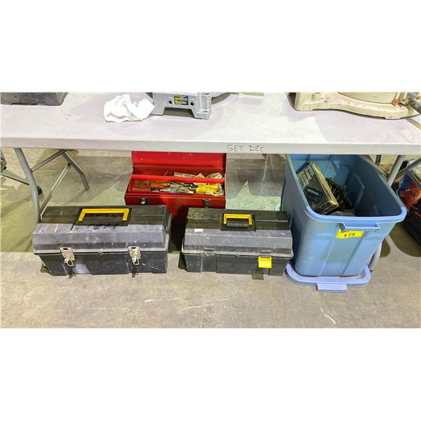 TWO PLASTIC TOOL BOXES, RED METAL TOOL BOX & RUBBERMAID TOTE WITH ASSORTED SMALL HAND TOOLS,