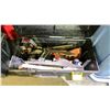 Image 3 : TWO PLASTIC TOOL BOXES, RED METAL TOOL BOX & RUBBERMAID TOTE WITH ASSORTED SMALL HAND TOOLS,