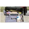 Image 4 : TWO PLASTIC TOOL BOXES, RED METAL TOOL BOX & RUBBERMAID TOTE WITH ASSORTED SMALL HAND TOOLS,
