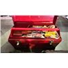 Image 5 : TWO PLASTIC TOOL BOXES, RED METAL TOOL BOX & RUBBERMAID TOTE WITH ASSORTED SMALL HAND TOOLS,