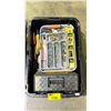 Image 2 : 102 LITRE STORAGE BIN WITH LID FILLED WITH SMALL TOOL BOXES, HARDWARE, LEVEL, ORGANIZERS & MORE