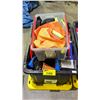 Image 1 : 102 LITRE STORAGE BIN WITH LID FILLED WITH FIRE EXTINGUISHER, LIGHT BULBS, STRAPS, HARDWARE,