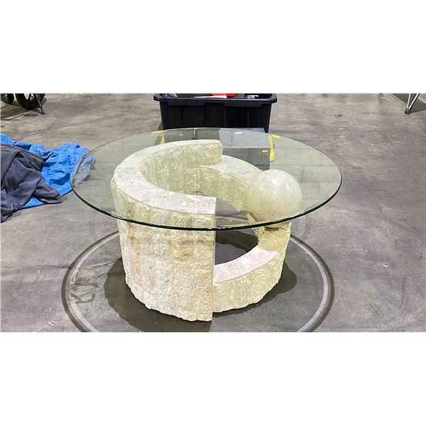 COFFEE TABLE WITH GLASS TOP & FAUX STONE BASE - APPROX. 38" ROUND X 17"H
