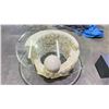 Image 2 : COFFEE TABLE WITH GLASS TOP & FAUX STONE BASE - APPROX. 38" ROUND X 17"H