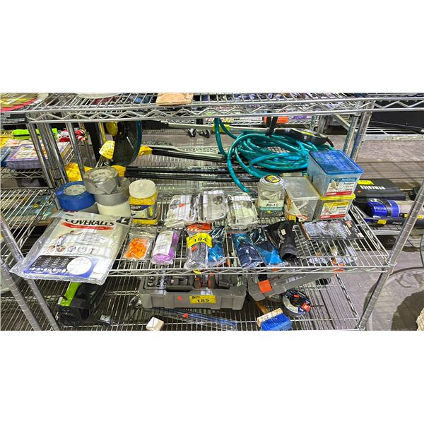 SHELF OF COVERALLS, TAPE, EAR PLUGS, P100 MASK FILTERS, NAILS, SCREWS & MORE