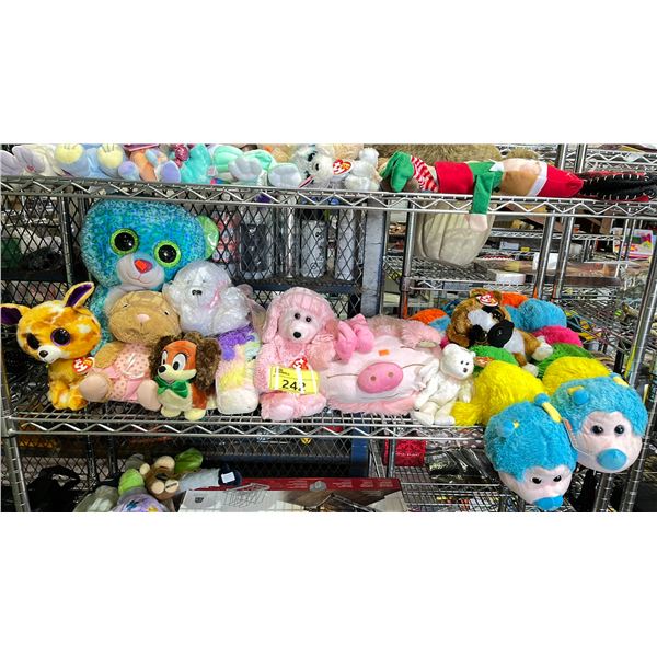 SHELF OF ASSORTED STUFFED ANIMALS