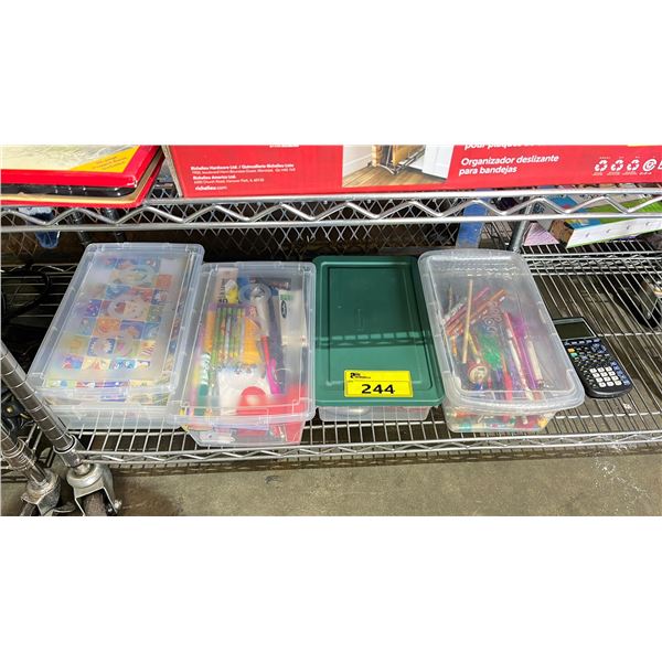 FOUR BINS OF ASSORTED PENS + MARKERS & A SCIENTIFIC CALCULATOR