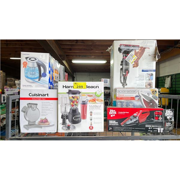 SHELF OF SMALL APPLIANCES - BISSELL POWERFORCE TURBO PET VACUUM, IRON, DIRT DEVIL HAND VAC,