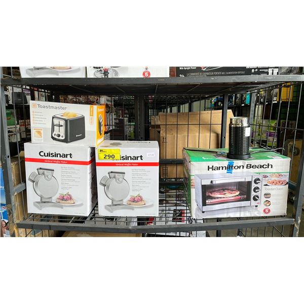 SHELF OF SMALL APPLIANCES - TOASTER, TOASTER OVEN, WAFFLE MAKERS & MILK FROTHER *MILK FROTHER