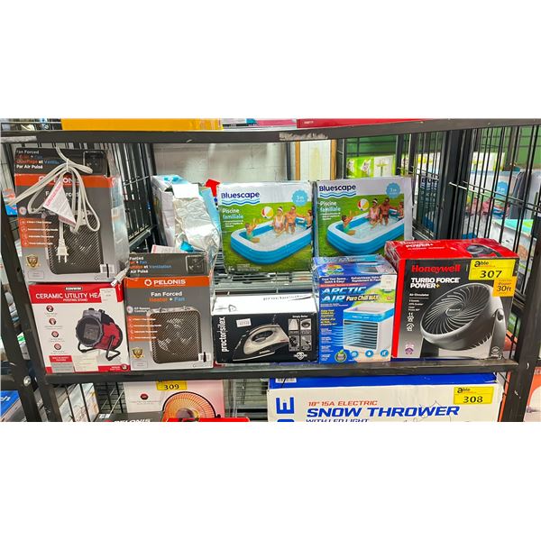 SHELF OF SMALL APPLIANCES - HEATERS, IRON & FAN