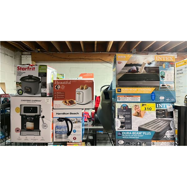 SHELF OF SMALL APPLIANCES - TOASTER, KETTLE, COFFEE MAKER, RICE MAKER & TWO AIR MATTRESSES