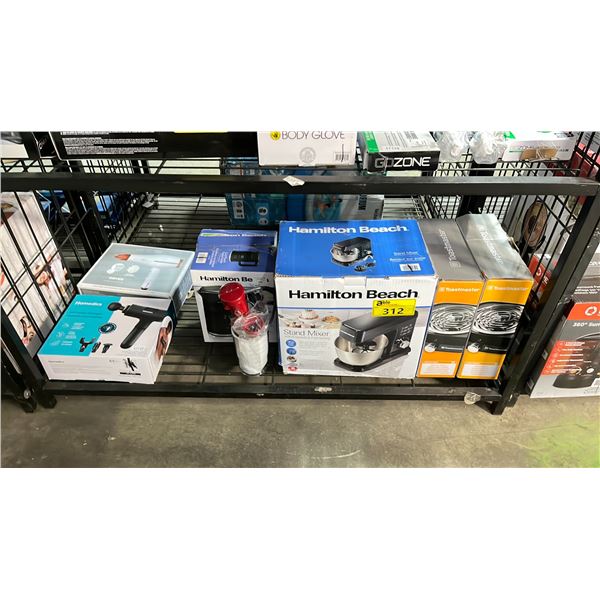SHELF OF SMALL APPLIANCES - HAMILTON BEACH STAND MIXER, TOASTMASTER SINGLE BURNERS, KETTLE,