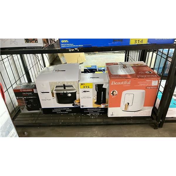 SHELF OF SMALL APPLIANCES - AIR FRYER, COFFEE MAKER, DEEP FRYER & HEATER + FAN