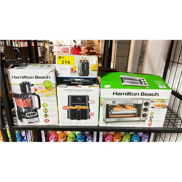 SHELF OF SMALL APPLIANCES - AIR FRYER, FOOD PROCESSOR, TOASTER OVEN & TOASTER