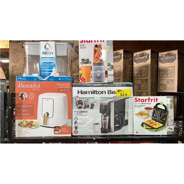 SHELF OF SMALL APPLIANCES - AIR FRYER, BRITA FILTER, PERSONAL BLENDER, SANDWICH MAKER & COFFEE