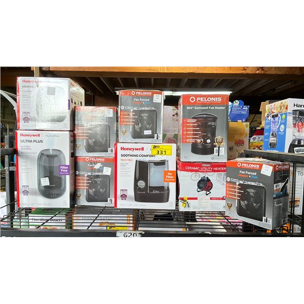 SHELF OF ASSORTED HEATERS, FANS & HUMIDIFIERS