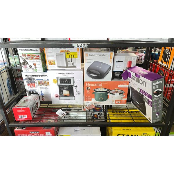 SHELF OF SMALL APPLIANCES - PORTABLE INDUCTION COOKTOP, SLOW COOKERS, ESPRESSO MACHINE, SANDWICH