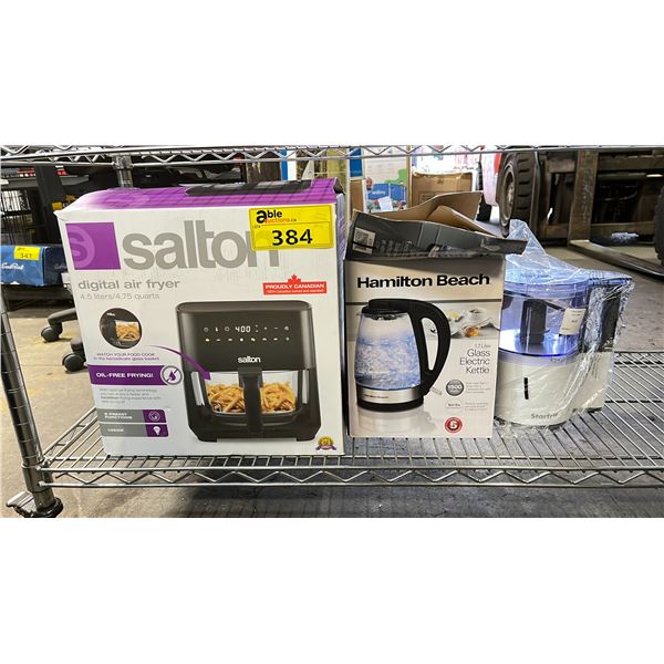 SHELF OF SMALL APPLIANCES - SALTON DIGITAL AIR FRYER, KETTLE & FOOD CHOPPER