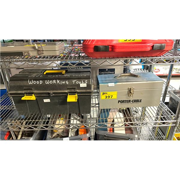 PORTER CABLE ELECTRIC PLATE JOINER & PLASTIC TOOL BOX OF SCREWDRIVER TIPS & MORE