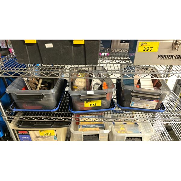 SHELF OF CLAMPS, ASSORTED SANDPAPER, GRINDING DISCS & MORE