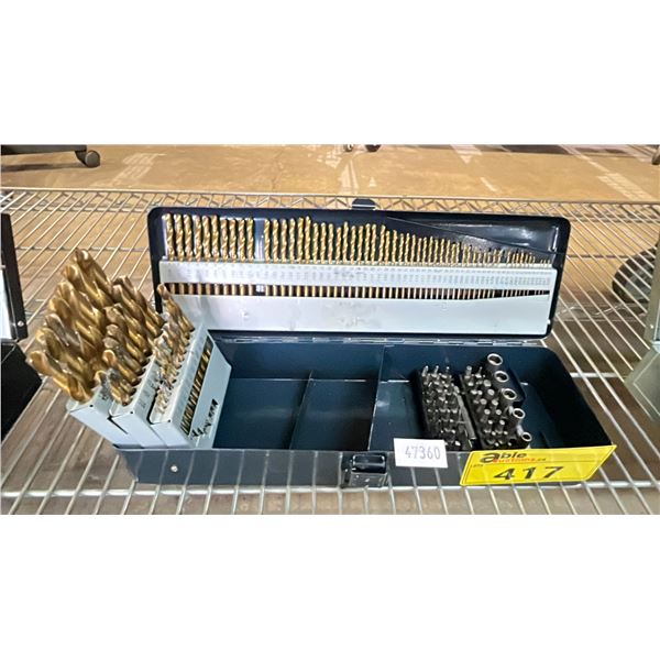 DRILL BITS, SOCKETS, & SCREWDRIVER BITS IN A METAL TRANSPORT CASE